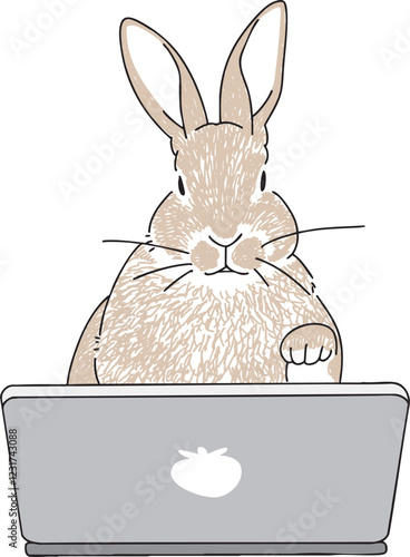 PCを操作するうさぎの手書きイラスト