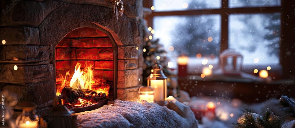 Cozy winter hearth with a vibrant orange flame in a rustic stone fireplace, warm candlelight, snowy window view, and festive decorations. Cozy winter hearth with a vibrant orange flame in a rustic stone fireplace, warm candlelight, snowy window view, and festive decorations.