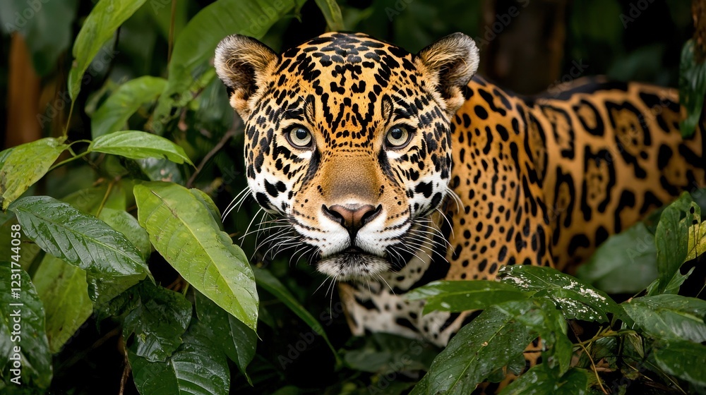 Obraz premium Majestic Jaguar Staring from Lush Green Jungle Leaves