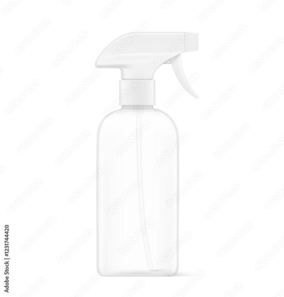Clear trigger sprayer bottle mockup. Vector illustration isolated on white background. Perfect for easy customisation and editing your design for household, cleaning, gardening and etc. EPS10. Clear trigger sprayer bottle mockup. Vector illustration isolated on white background. Perfect for easy customisation and editing your design for household, cleaning, gardening and etc. EPS10.