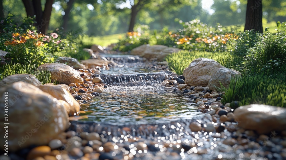 Fototapeta premium A Serene Stream Flowing Through a Lush Green Landscape with Rocks and Flowers