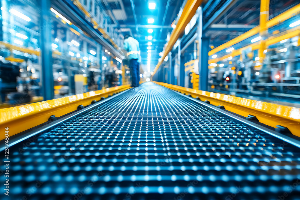 Fototapeta premium Factory Conveyor Belt, Worker, Industrial Production