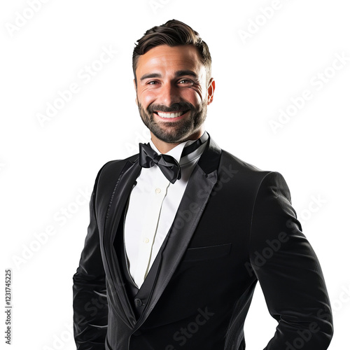 Wallpaper Mural Confident man in black tuxedo smiling, isolated on white background. Elegance and sophistication for formal event or professional profile. Torontodigital.ca