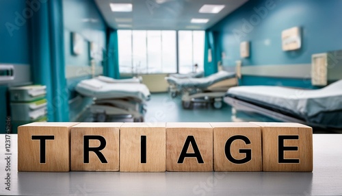 トリアージを意味する英単語triageの文字が書かれた木製のキューブブロック。 aiで生成	