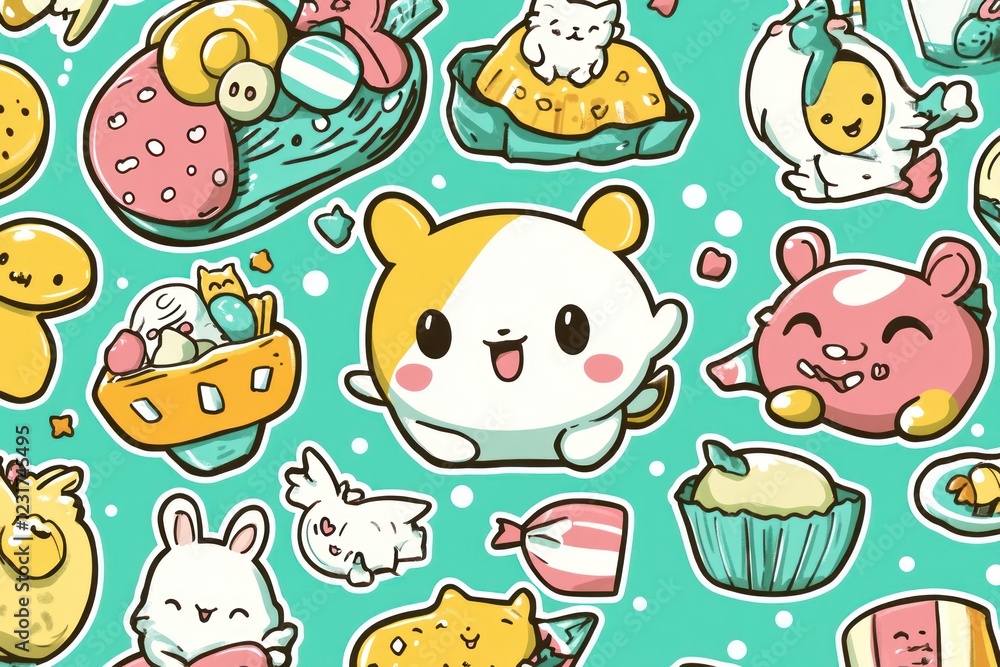 Cute animals enjoying desserts, teal background, kids pattern Cute animals enjoying desserts, teal background, kids pattern