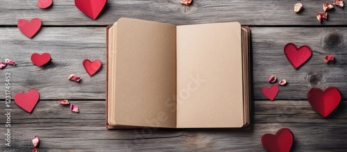 Blank open notebook on rustic wooden background with scattered red hearts and paper decorations creating a romantic atmosphere for design ideas