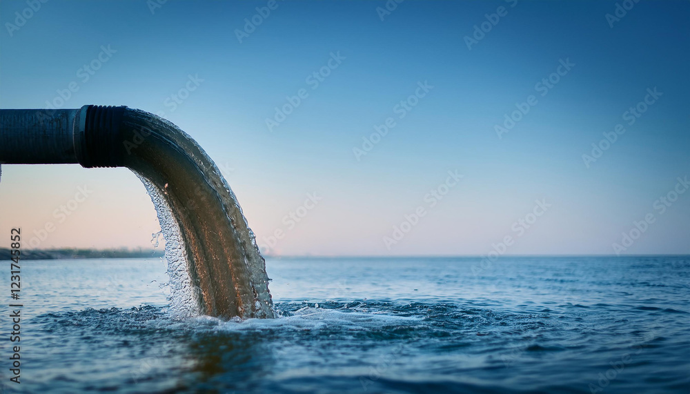 Fototapeta premium Large metal pipe discharging water into ocean or sea. Environmental pollution.