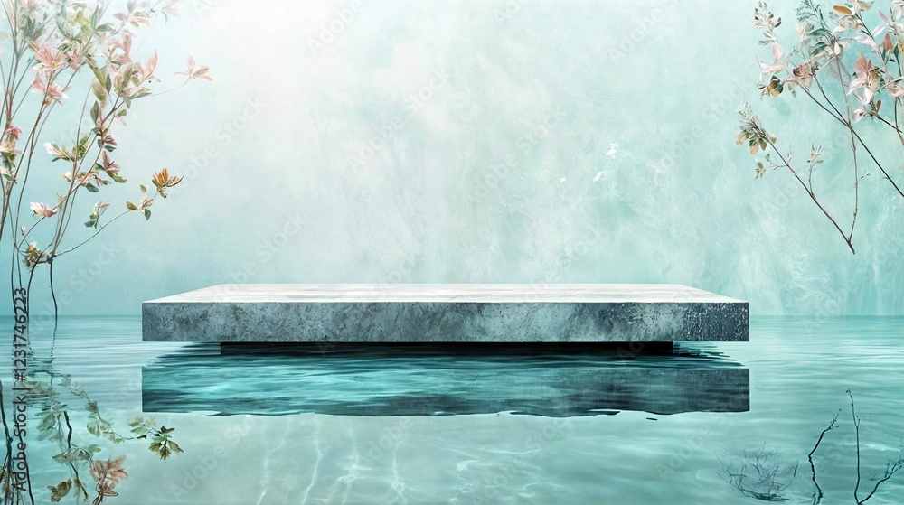 A tranquil scene featuring a marble platform surrounded by water and mist, blending architecture with nature. The calm, reflective surface enhances the ethereal atmosphere A tranquil scene featuring a marble platform surrounded by water and mist, blending architecture with nature. The calm, reflective surface enhances the ethereal atmosphere