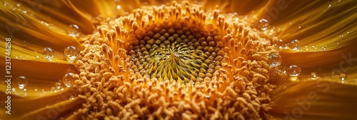 Macro shot of a golden sunflower center with dew droplets accentuating its intricate pattern.