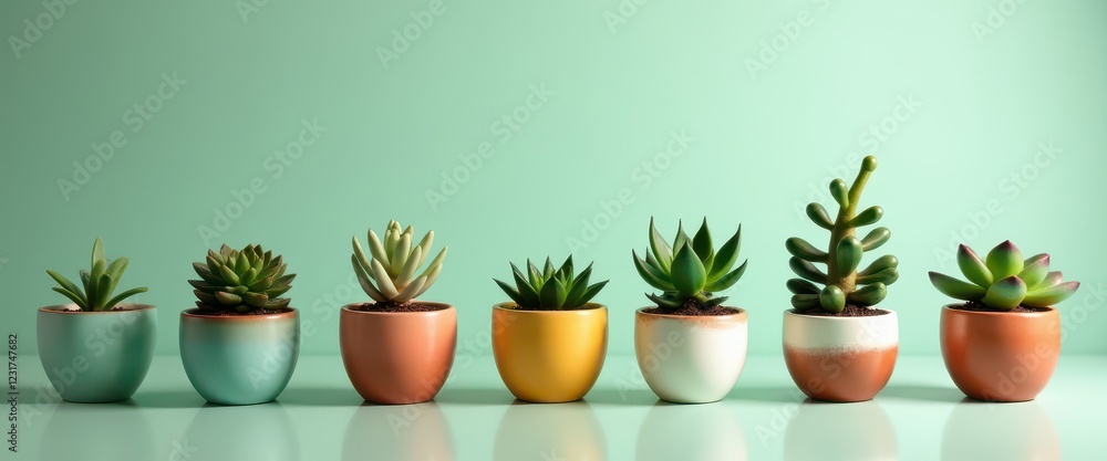 Fototapeta premium Seven Succulents in Colorful Pots Minimalist Home Decor Green Background