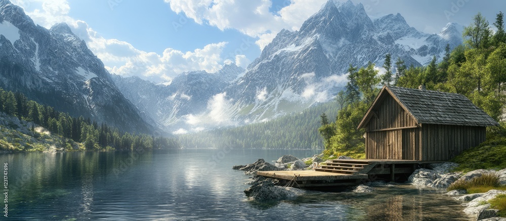 Naklejka premium Serene wooden boathouse on a tranquil lake surrounded by majestic mountains and lush greenery under a clear blue sky and soft white clouds.