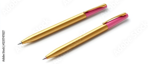 Golden pens with pink tips positioned parallel on a white background creating soft shadows highlighting their elegant design and luxurious colors photo