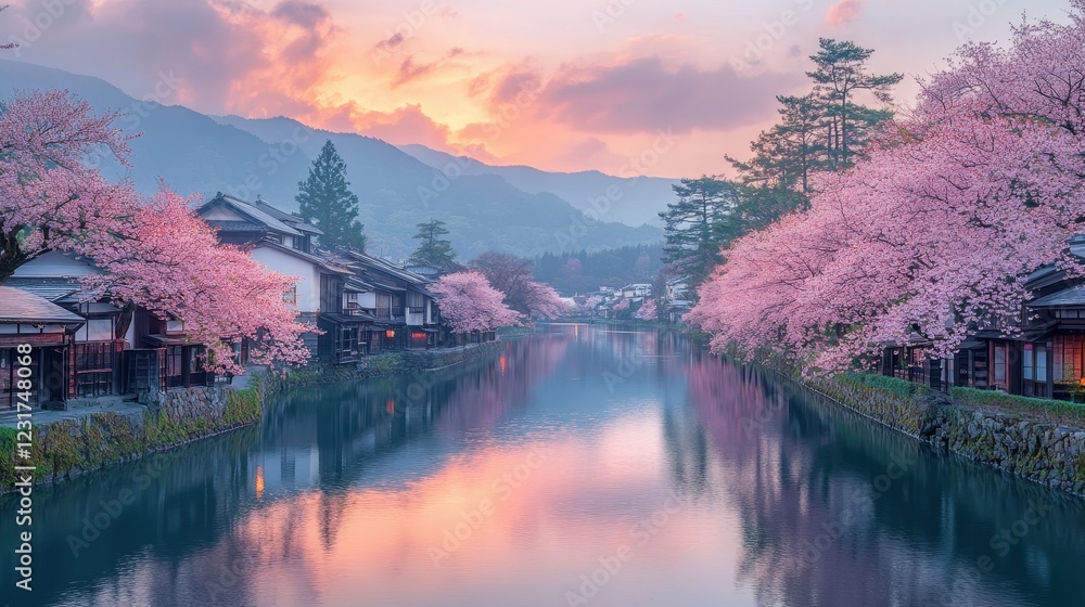 Fototapeta premium A serene riverside scene featuring cherry blossoms in full bloom, reflecting in the water during a pastel sunset, with mountains in the background.