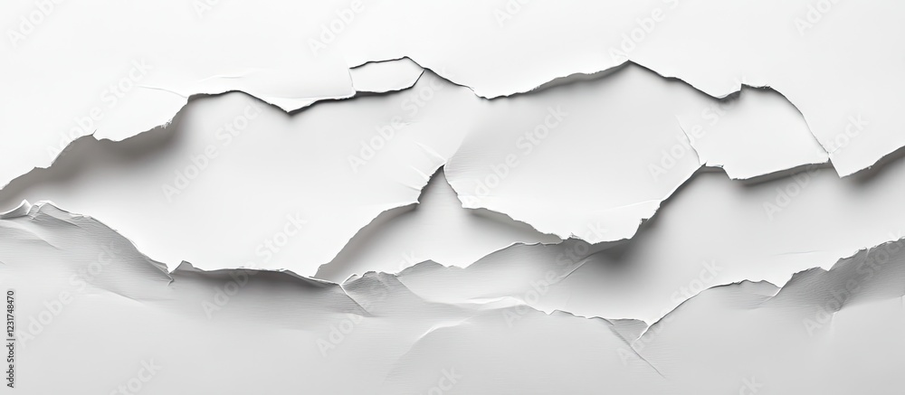 White torn paper texture with layered jagged edges featuring subtle shadows, creating depth and a unique visual perspective in a minimalistic style. White torn paper texture with layered jagged edges featuring subtle shadows, creating depth and a unique visual perspective in a minimalistic style.