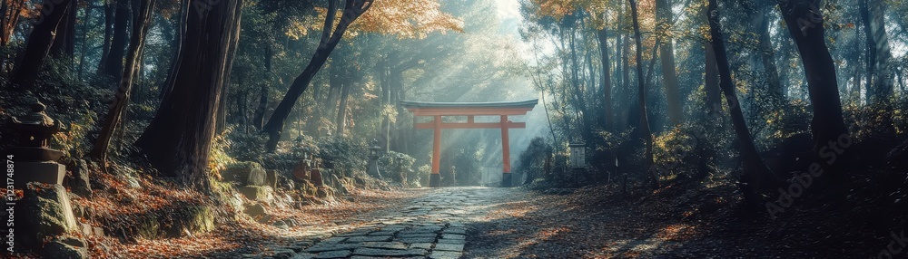 Fototapeta premium A serene forest path leads to a traditional torii gate, illuminated by soft sunlight filtering through lush trees.