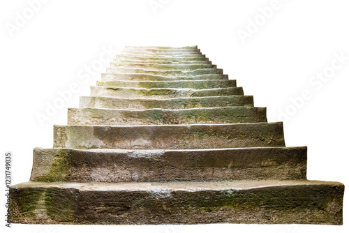 Old stone staircase stairway with moss stone steps in PNG isolated on transparent background