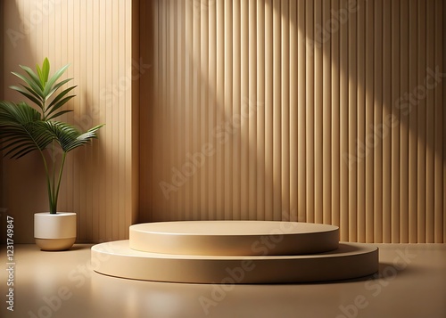 Abstract Pedestal of platform display with modern stand podium on golden room background. Blank Exhibition stage backdrop or empty product shelf. 3D rendering.