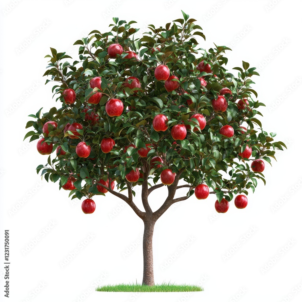 Apple tree with ripe red apples hanging from the branches, centered on a clean white background Apple tree with ripe red apples hanging from the branches, centered on a clean white background