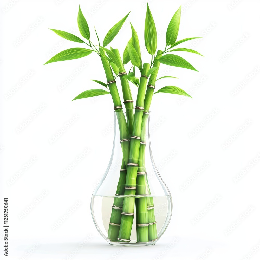 Bamboo plant in a glass vase with flowing water, symbolizing prosperity, centered on a clean white background Bamboo plant in a glass vase with flowing water, symbolizing prosperity, centered on a clean white background