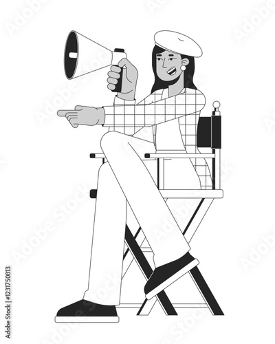 Female film director on chair with megaphone linear illustration. Movie industry. Filmmaker indian woman directing pose 2D line character isolated on white. Monochrome vector outline image