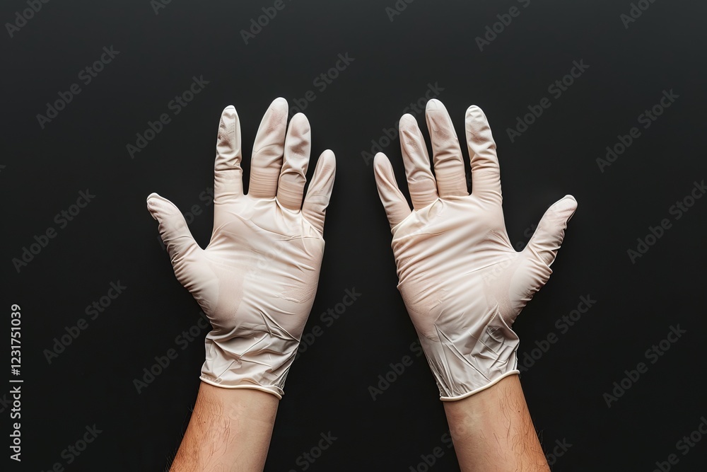 A pair of hands wearing disposable latex gloves, demonstrating readiness for medical or hygienic tasks. Gloves of Protection and Safety, for Protection A pair of hands wearing disposable latex gloves, demonstrating readiness for medical or hygienic tasks. Gloves of Protection and Safety, for Protection