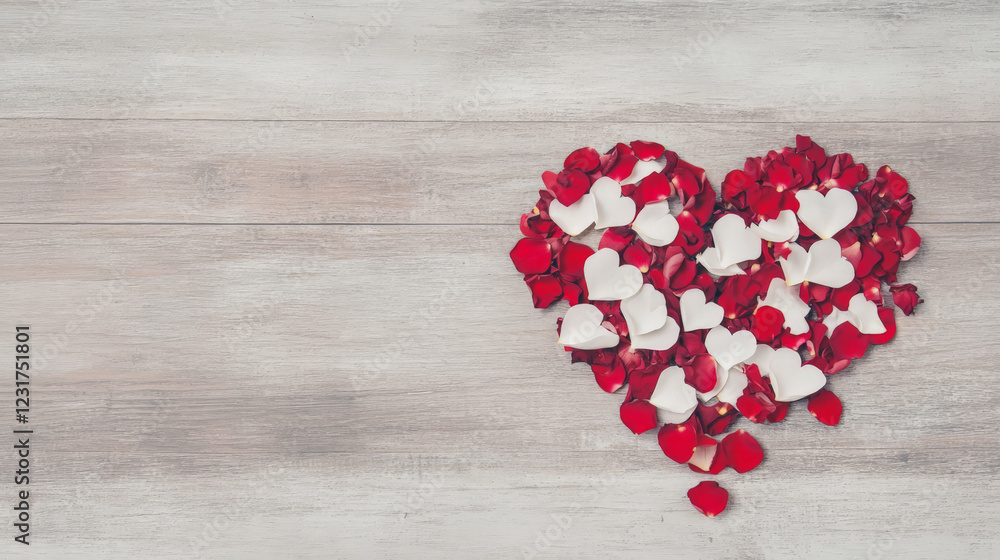 Fototapeta premium Red and white petals arranged in a heart shape on a wooden background. A romantic image perfect for Valentine's Day or an anniversary.
