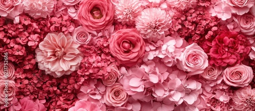 Wallpaper Mural Vibrant floral background with a blend of pink and red roses, peonies, and assorted petals layered harmoniously creating a lush, romantic feel. Torontodigital.ca