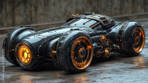 Futuristic steampunk car with intricate details, designed in 3D with mechanical elements and retro-futuristic styling