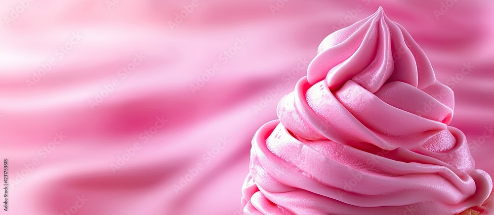 Vibrant pink ice cream swirl positioned on the right against a soft pink background creating an inviting and delightful dessert visual Vibrant pink ice cream swirl positioned on the right against a soft pink background creating an inviting and delightful dessert visual