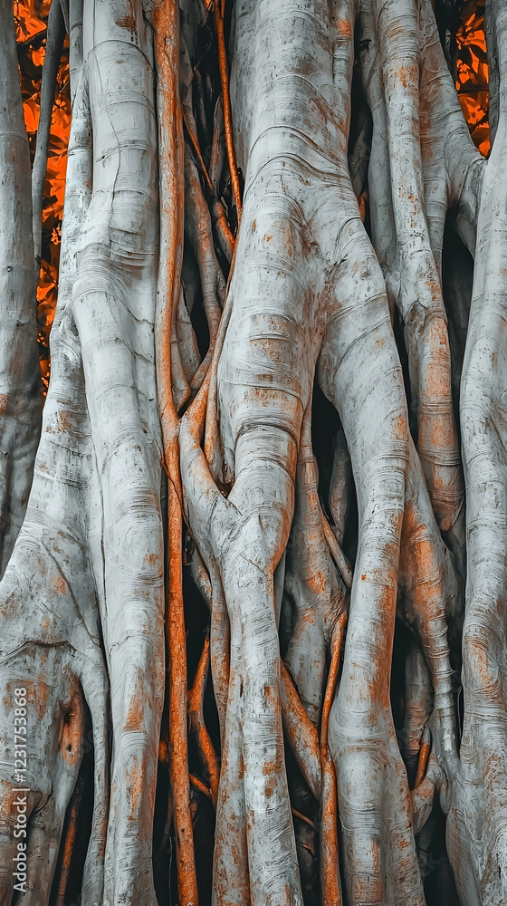 Obraz premium Intricate tree roots, textured bark, orange foliage background, botanical detail, nature wallpaper