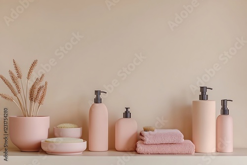 Pastel Pink Bathroom Accessories and Dried Flowers on Shelf photo