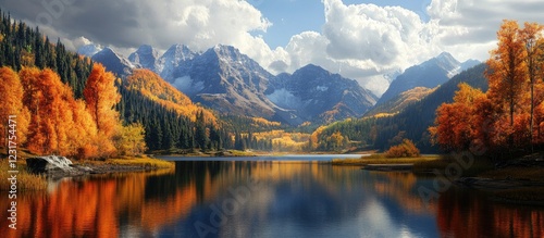 Wallpaper Mural Vibrant autumn colors reflect in tranquil lake water with lush orange forests and majestic mountains under a blue sky, creating a serene nature scene Torontodigital.ca