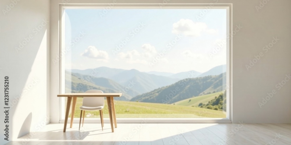 Minimalist Interior Design Featuring a Wooden Table and Chair with a Panoramic Mountain View Through a Large Window Minimalist Interior Design Featuring a Wooden Table and Chair with a Panoramic Mountain View Through a Large Window