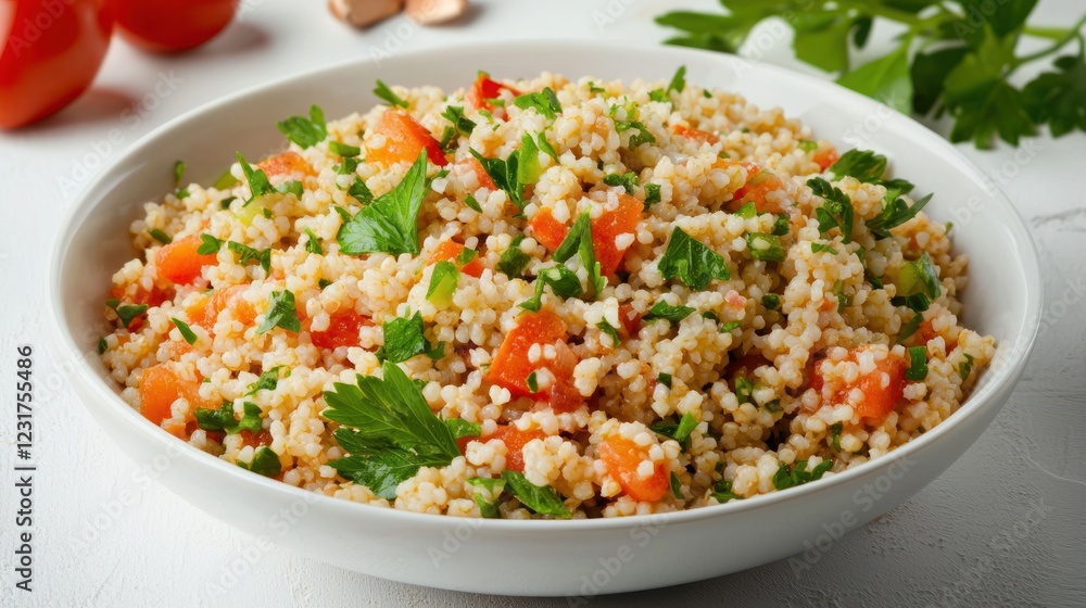 Bright Tabbouleh Salad in White Bowl Bright Tabbouleh Salad in White Bowl