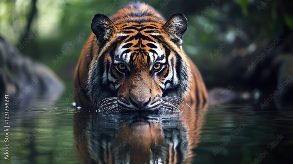 Majestic tiger reflected in water portrait looking directly at camera Majestic tiger reflected in water portrait looking directly at camera