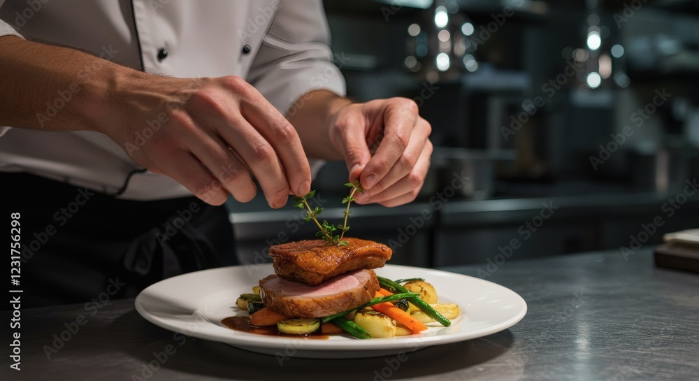 Chef Plating Gourmet Roasted Duck Breast Dish