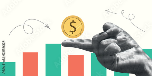 Contemporary Halftone Collage Hand for investments concept, marketing, trading. Online Stock banner with finance elements, coins, money. Vertical invest or business poster. Vector illustration.