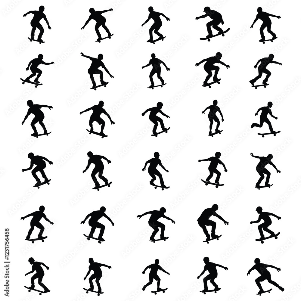 Skateboarding vector silhouette illustration.Skateboard icon silhouette vector, skateboard sport illustration. Skateboarding vector silhouette illustration.Skateboard icon silhouette vector, skateboard sport illustration.