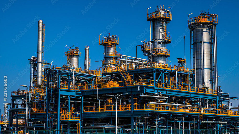 A natural gas processing unit with distillation columns, heat exchangers, and pipelines, under a clear blue sky. A natural gas processing unit with distillation columns, heat exchangers, and pipelines, under a clear blue sky.