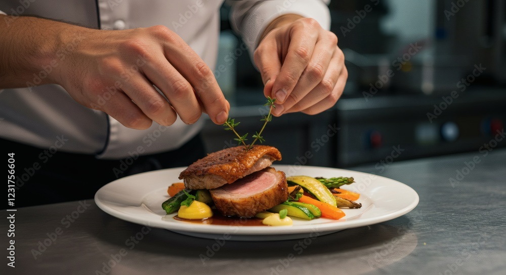 Chef Preparing Gourmet Duck Breast Dish with Roasted Vegetables Chef Preparing Gourmet Duck Breast Dish with Roasted Vegetables