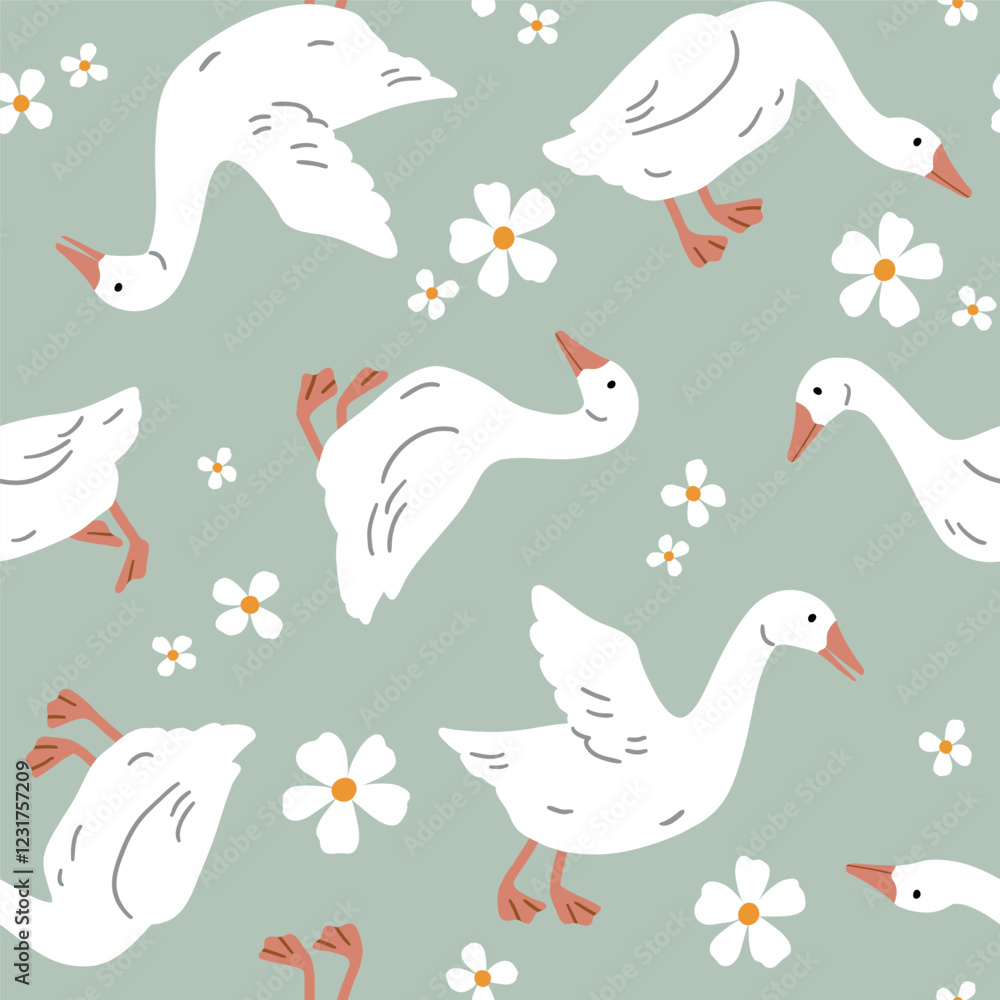 Obraz premium Seamless vector pattern with white goose on floral background. Hand drawn cute Easter goose pattern. Perfect for textile, wallpaper or nursery print design.