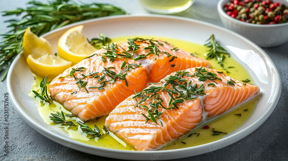 Fried salmon steak with cooked green asparagus, cherry tomatoes and lemon slices served on white plate