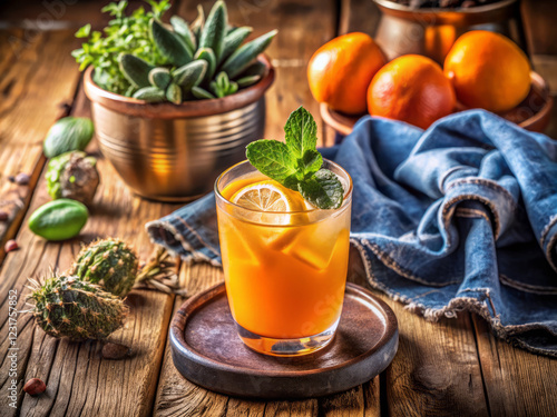 Refreshing orange juice garnished with mint and lemon, served in glass on wooden table. Surrounded by fresh fruits and plants, creating vibrant and inviting atmosphere photo