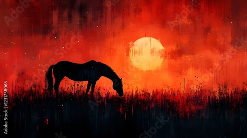 Silhouette of a horse grazing in a vibrant sunset landscape with dramatic colors and textures photo