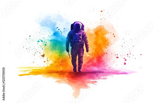 Astronaut explores a vibrant, colorful cosmos with splashes of paint in a surreal artistic depiction photo