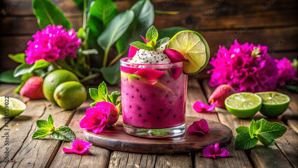 vibrant pink mocktail featuring dragonfruit, crushed ice, and fresh lime, garnished with mint leaves and edible flowers, perfect for refreshing summer drink vibrant pink mocktail featuring dragonfruit, crushed ice, and fresh lime, garnished with mint leaves and edible flowers, perfect for refreshing summer drink
