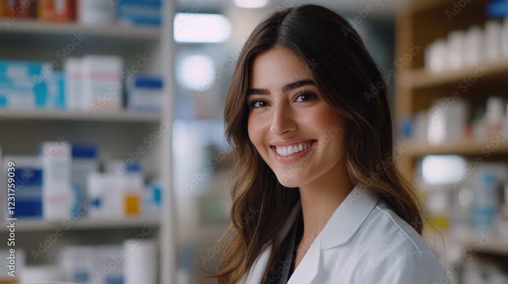 Smiling Pharmacist Woman in a Pharmacy Setting Smiling Pharmacist Woman in a Pharmacy Setting