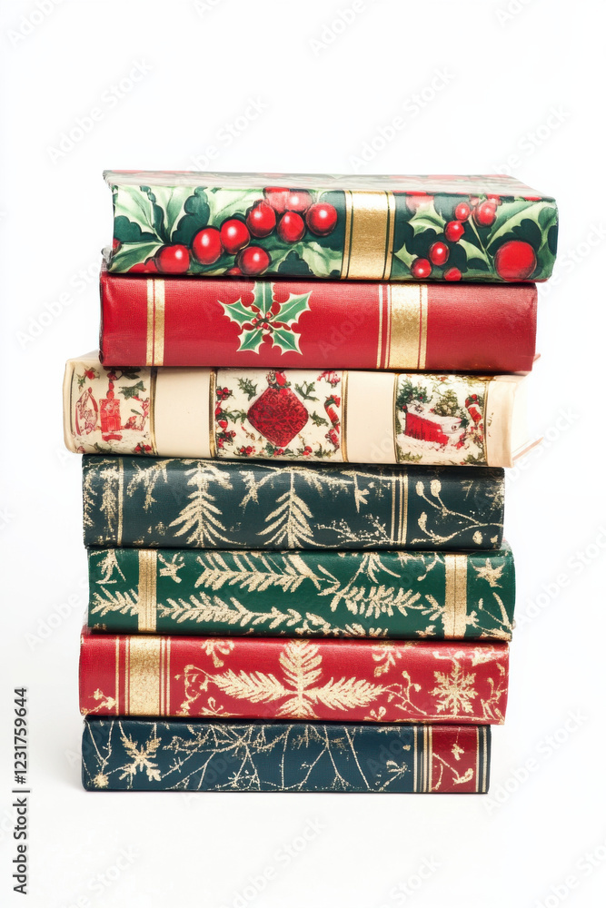 Stacked Christmas books with holiday-themed covers, isolated on a white background, perfect for cozy reading vibes Stacked Christmas books with holiday-themed covers, isolated on a white background, perfect for cozy reading vibes