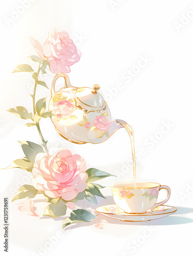 Pastel-colored teapot pouring tea into a delicate cup, surrounded by blooming roses. A tranquil and elegant scene.