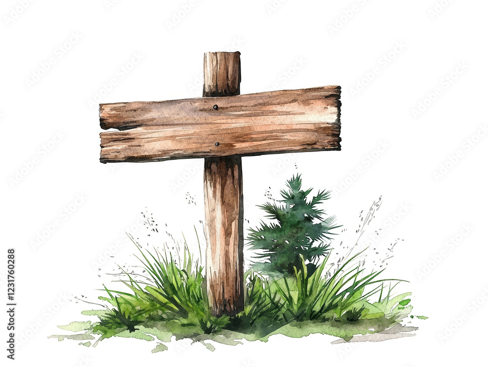 Naklejka premium Symbolism of life, a green plant flourishing in the heart of wooden cross green